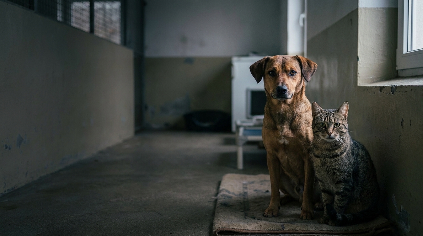 A healthy rescue dog and cat sitting together in a shelter — a portrait of the animals this registry exists to protect